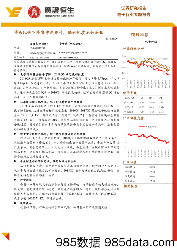 电子行业专题报告：持仓比例下降集中度提升，偏好优质龙头企业_广证恒生证券研究所