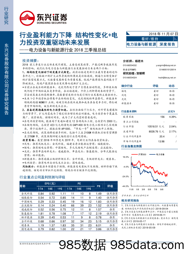 电力设备与新能源行业2018三季报总结：行业盈利能力下降 结构性变化+电力投资双重驱动未来发展_东兴证券