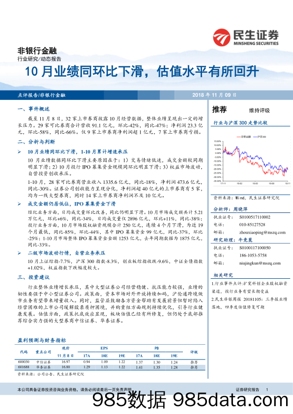 非银行金融：10月业绩同环比下滑，估值水平有所回升_民生证券插图