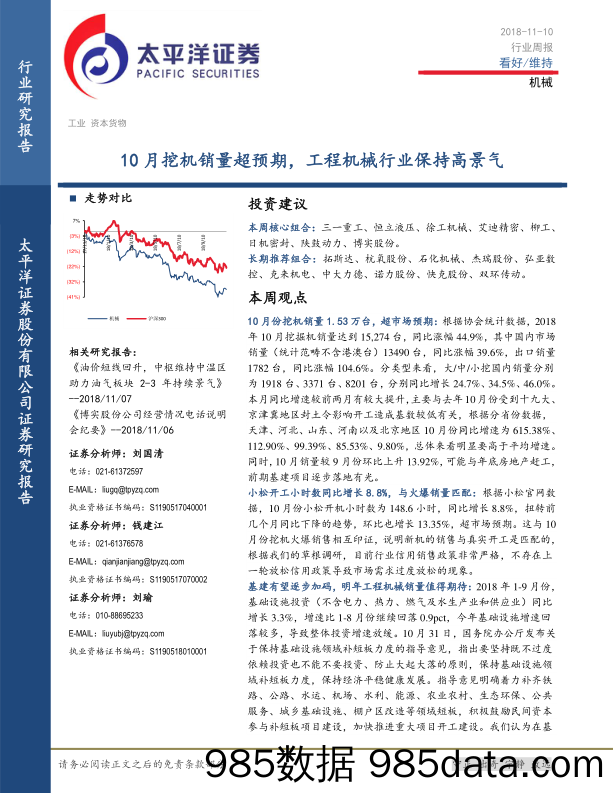 机械行业周报：10月挖机销量超预期，工程机械行业保持高景气_太平洋