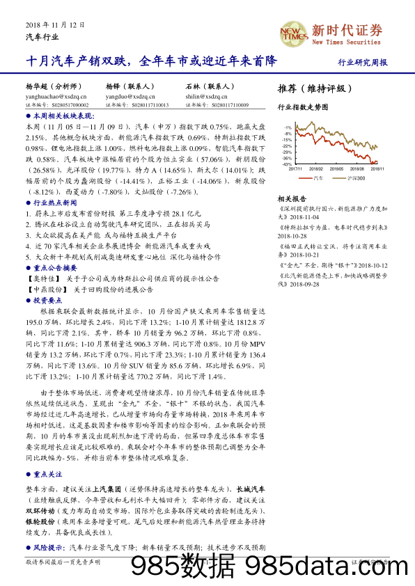 汽车行业研究周报：十月汽车产销双跌，全年车市或迎近年来首降_新时代证券