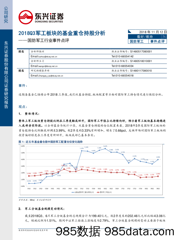 国防军工行业事件点评：2018Q3军工板块的基金重仓持股分析_东兴证券