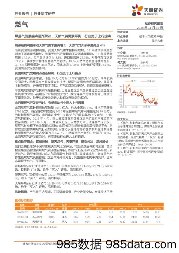 燃气行业深度研究：煤层气发展痛点逐渐解决，天然气供需紧平衡，行业处于上行拐点_天风证券