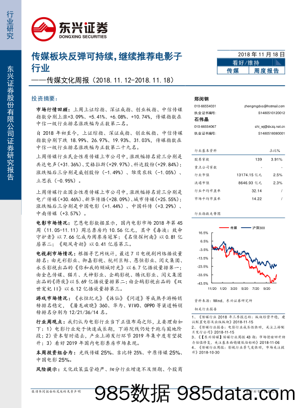 传媒文化周报：传媒板块反弹可持续，继续推荐电影子行业_东兴证券