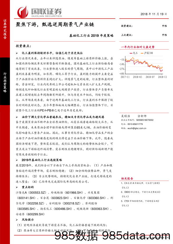 基础化工行业2019年度策略：聚焦下游，甄选逆周期景气产业链_国联证券