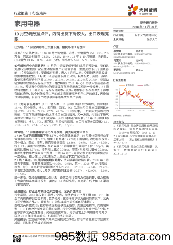 家用电器10月空调数据点评：内销出货下滑较大，出口表现亮眼_天风证券