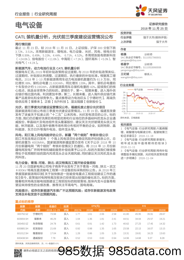 电气设备行业研究周报：CATL装机量分析，光伏前三季度建设运营情况公布_天风证券