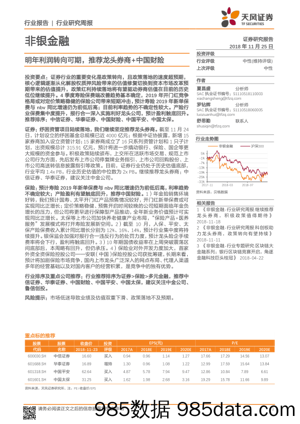 非银金融行业研究周报：明年利润转向可期，推荐龙头券商+中国财险_天风证券