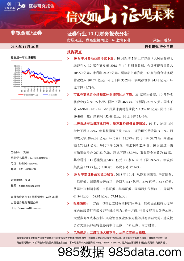 证券行业10月份财务报表分析：市场承压，券商业绩同比、环比均下滑_山西证券