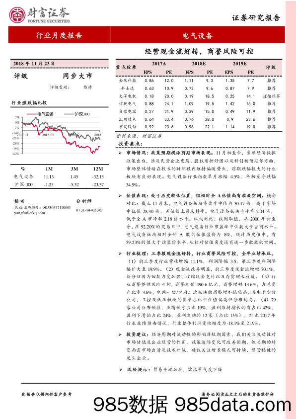 电气设备行业月度报告：经营现金流好转，商誉风险可控_财富证券