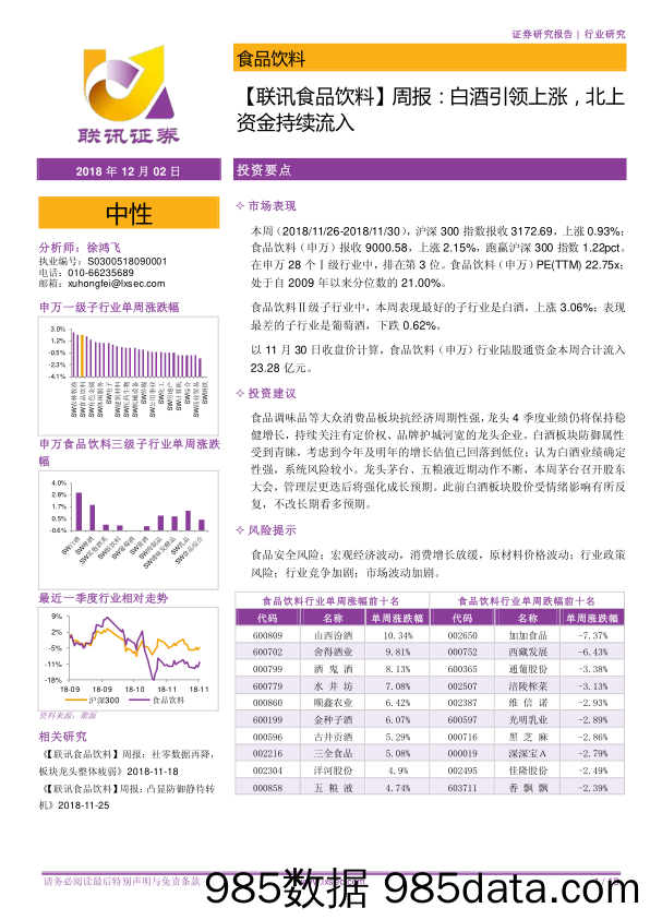 【联讯食品饮料】周报：白酒引领上涨，北上资金持续流入_联讯证券