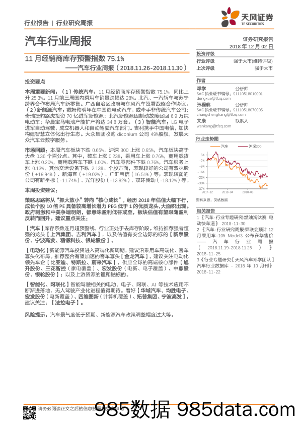 汽车行业周报：11月经销商库存预警指数75.1%_天风证券插图