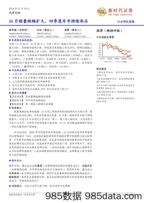 汽车行业研究周报：11月销量跌幅扩大，四季度车市持续承压_新时代证券