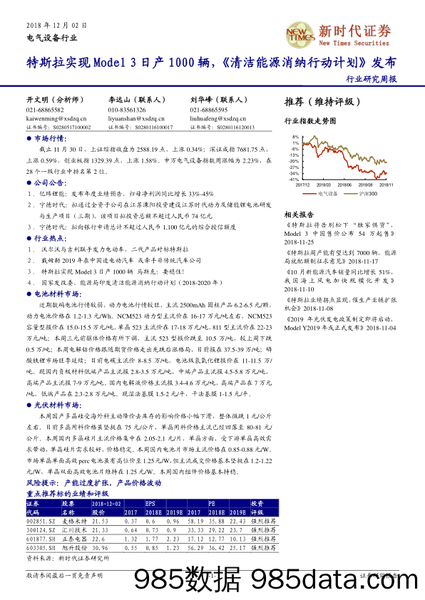 电气设备行业研究周报：特斯拉实现Model 3日产1000辆，《清洁能源消纳行动计划》发布_新时代证券