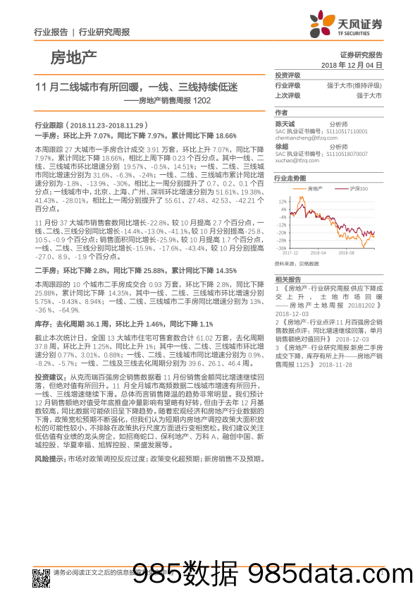 房地产销售周报：11月二线城市有所回暖，一线、三线持续低迷_天风证券