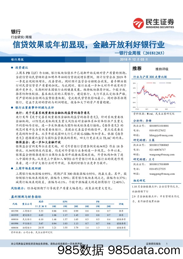 银行业周报：信贷效果或年初显现，金融开放利好银行业_民生证券