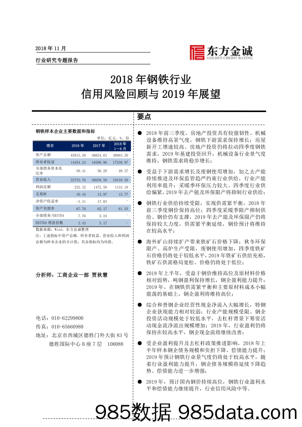 2018年钢铁行业：信用风险回顾与2019年展望_东方金诚