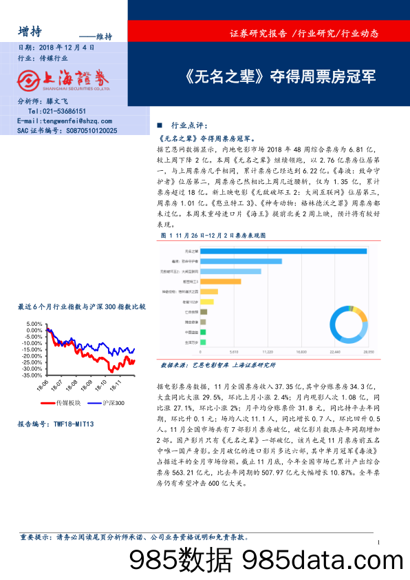 传媒行业：《无名之辈》夺得周票房冠军_上海证券