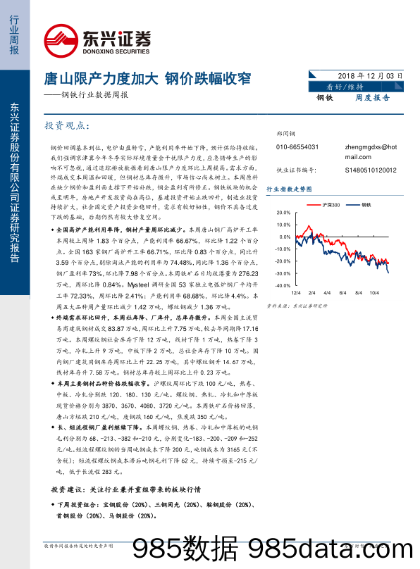 钢铁行业数据周报：唐山限产力度加大 钢价跌幅收窄_东兴证券