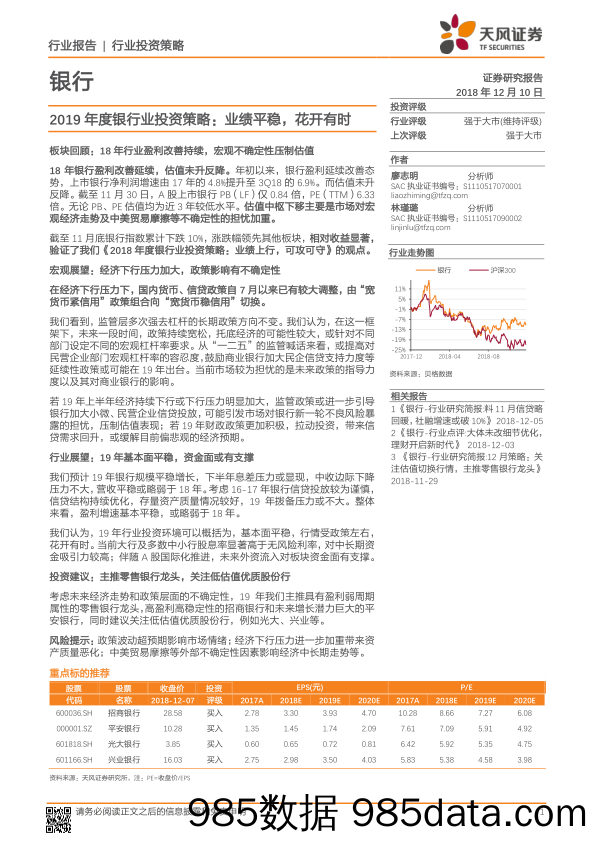 银行行业投资策略：2019年度银行业投资策略：业绩平稳，花开有时_天风证券