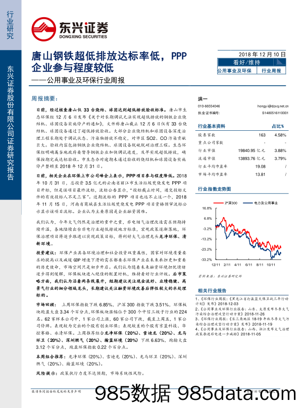 公用事业及环保行业周报：唐山钢铁超低排放达标率低，PPP企业参与程度较低_东兴证券