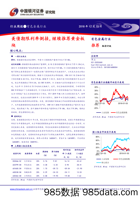 有色金属行业周报：美债期限利率倒挂，继续推荐黄金板 行业点评报告模板块_中国银河