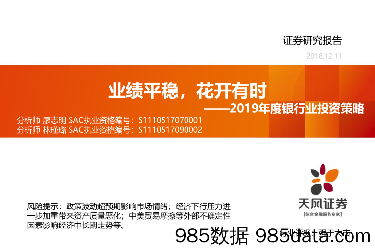 2019年度银行业投资策略：绩平稳，花开有时_天风证券