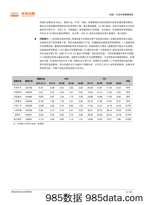 2019年机械行业年度策略报告：周期向下，预期转折，推荐基建和5G主题板块_平安证券插图1