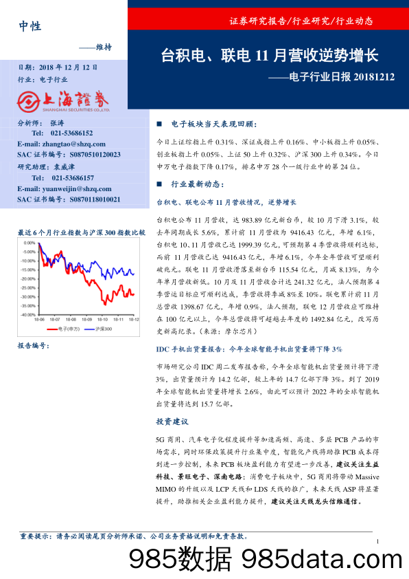 电子行业日报：台积电、联电11月营收逆势增长_上海证券