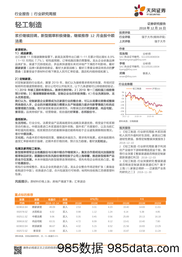 轻工制造行业研究周报：浆价继续回调，新型烟草积极储备，继续推荐12月金股中顺洁柔_天风证券