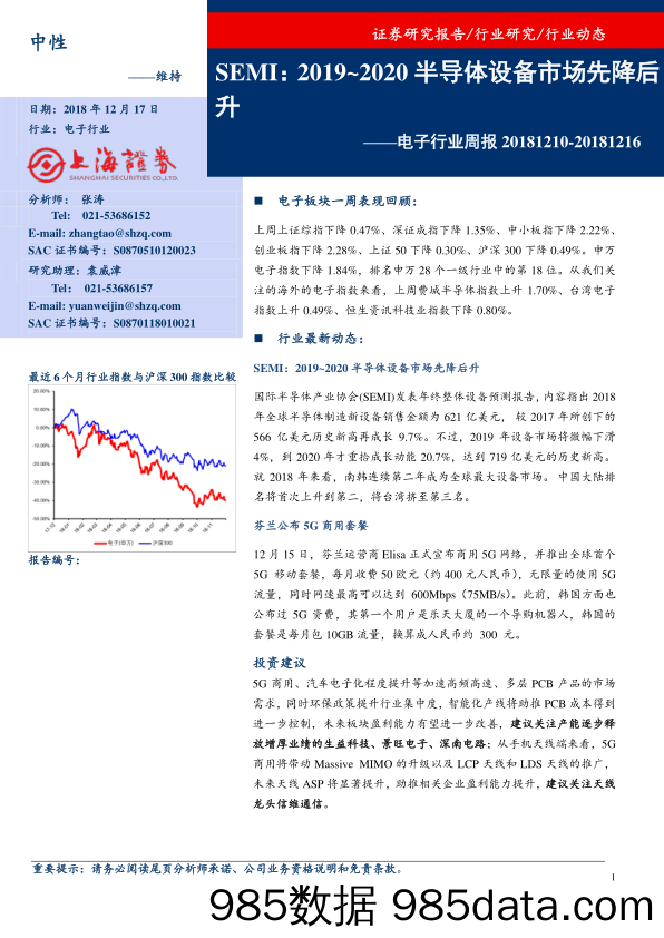 电子行业周报：SEMI：2019~2020半导体设备市场先降后升_上海证券