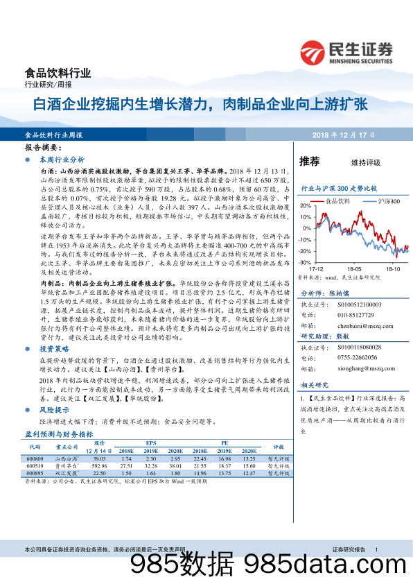 食品饮料行业周报：白酒企业挖掘内生增长潜力，肉制品企业向上游扩张_民生证券