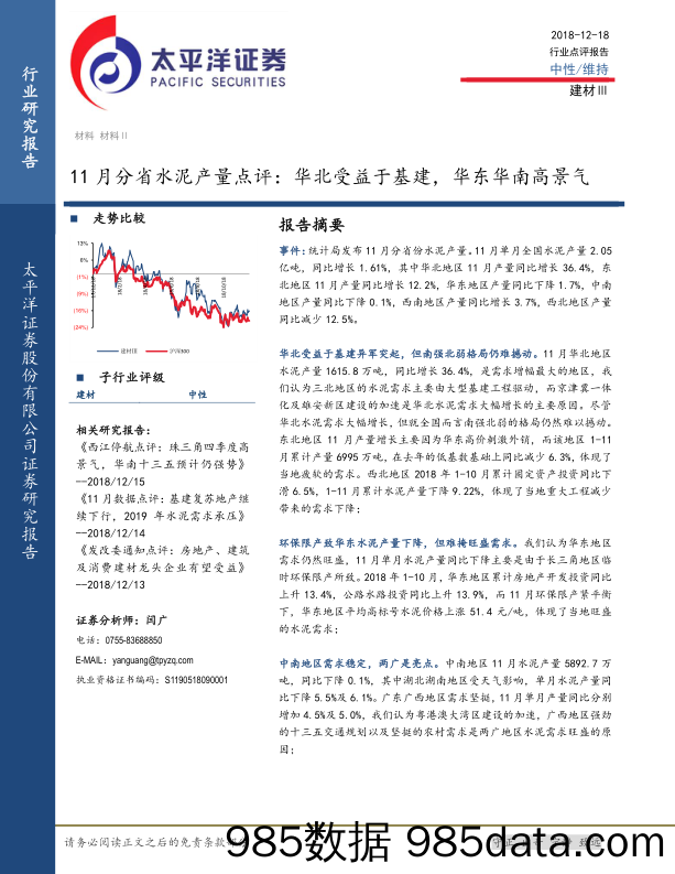 11月分省水泥产量点评：华北受益于基建，华东华南高景气_太平洋