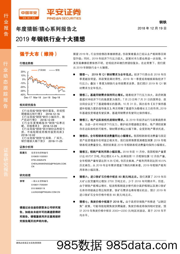 年度猜新 猜心系列报告之2019年钢铁行业十大猜想_平安证券