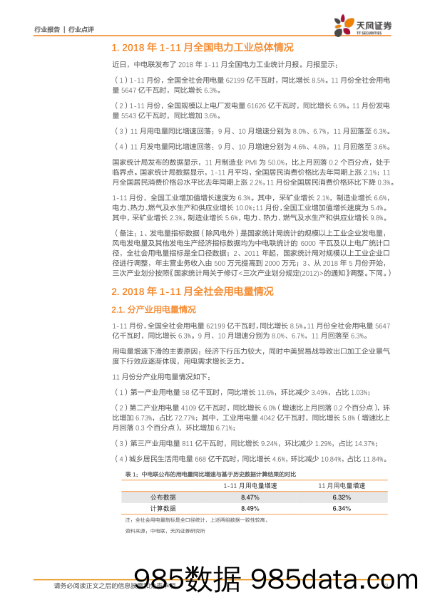 电力行业点评：11月用电量增速回落0.4pct至6.3%，发电量增速回落1.2pct至3.6%_天风证券插图2