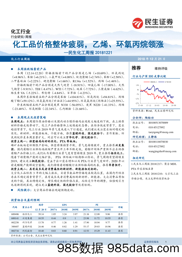 民生化工周报：化工品价格整体疲弱，乙烯、环氧丙烷领涨_民生证券