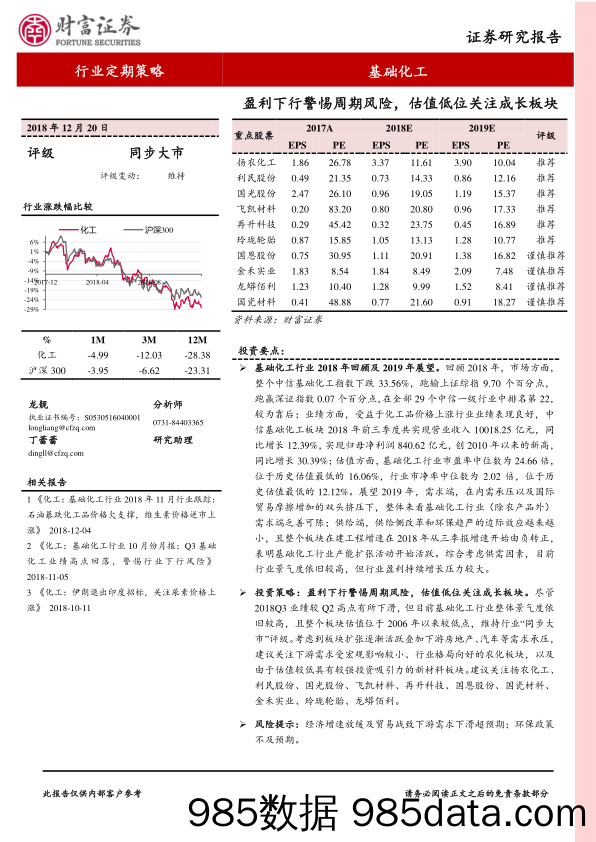 基础化工行业定期策略：盈利下行警惕周期风险，估值低位关注成长板块_财富证券