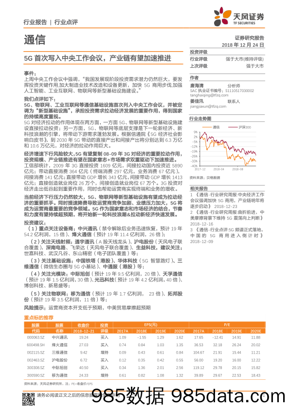 通信行业点评：5G首次写入中央工作会议，产业链有望加速推进_天风证券