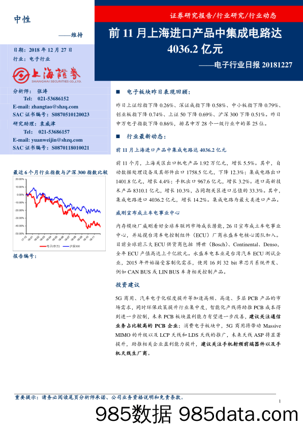 电子行业日报：前11月上海进口产品中集成电路达4036.2亿元_上海证券