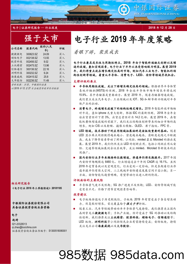 电子行业2019年年度策略：着眼下游，聚焦成长_中银国际