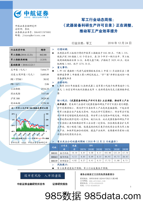 军工行业动态周报：《武器装备科研生产许可目录》正在调整，推动军工产业效率提升_中航证券