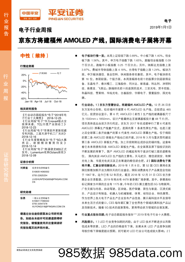 电子行业周报：京东方将建福州AMOLED产线，国际消费电子展将开幕_平安证券插图