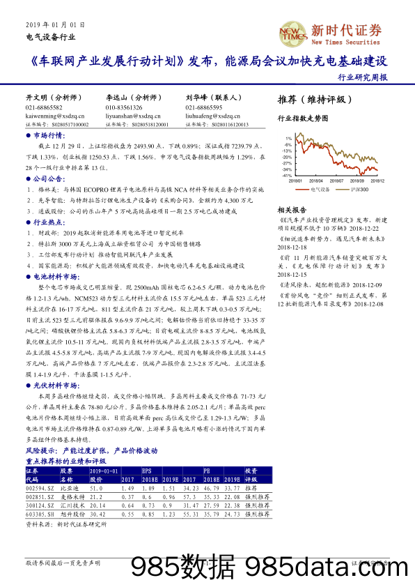 电气设备行业研究周报：《车联网产业发展行动计划》发布，能源局会议加快充电基础建设_新时代证券