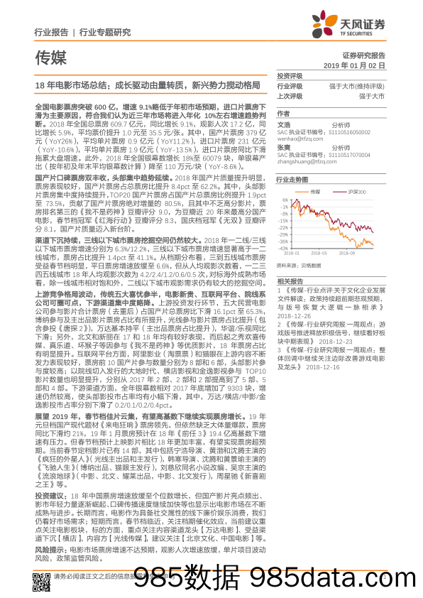 传媒行业专题研究：18年电影市场总结：成长驱动由量转质，新兴势力搅动格局_天风证券