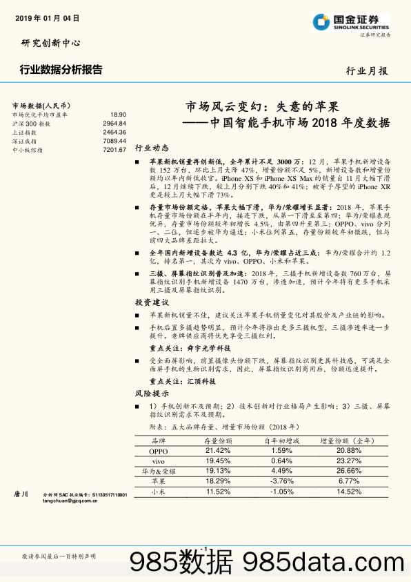 中国智能手机市场2018年度数据：市场风云变幻：失意的苹果_国金证券