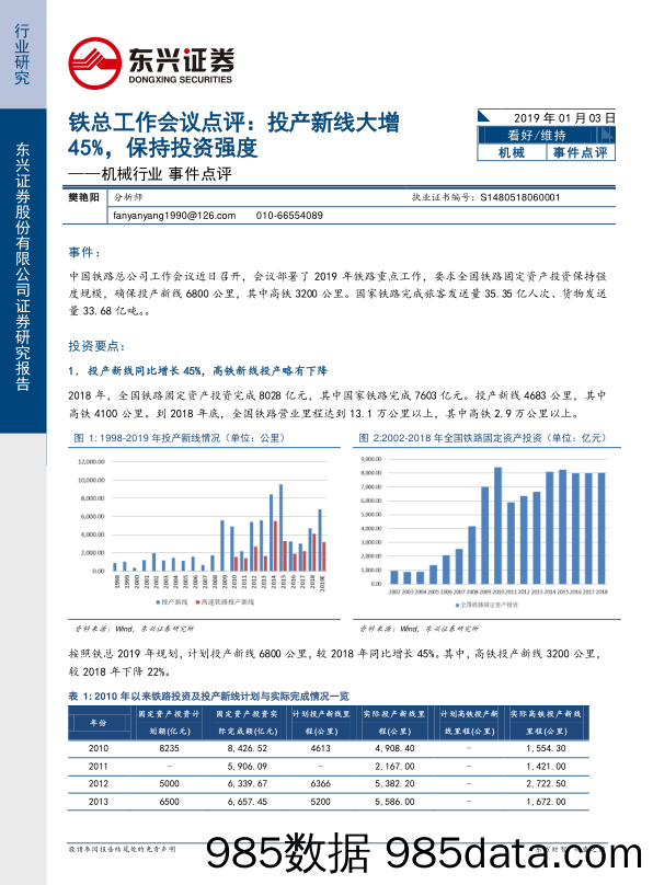 机械行业事件点评：铁总工作会议点评：投产新线大增45%，保持投资强度_东兴证券