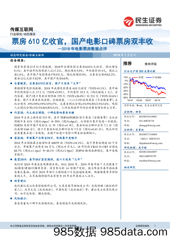 2018年电影票房数据点评：票房610亿收官，国产电影口碑票房双丰收_民生证券