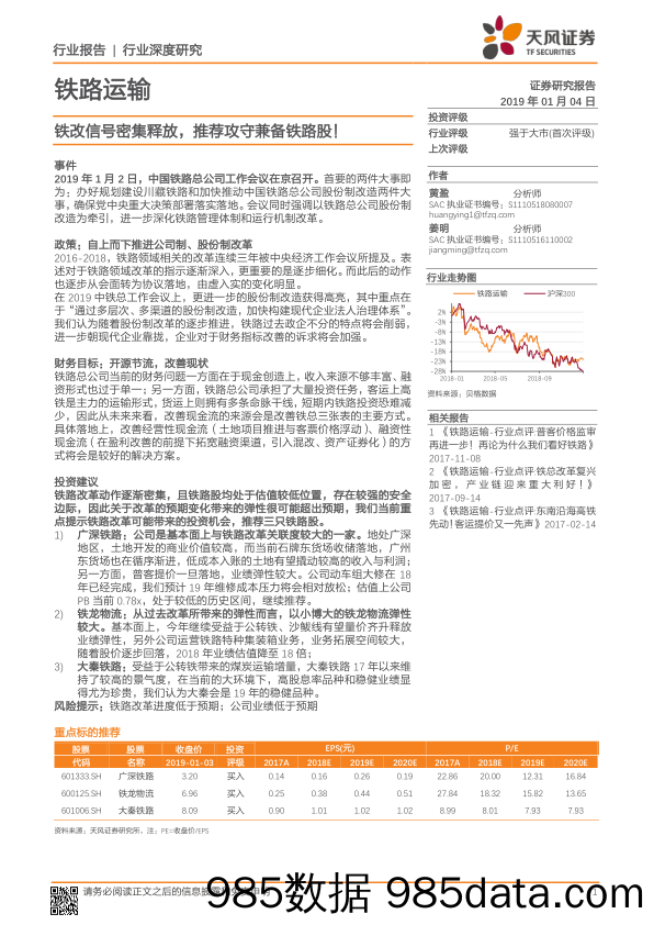 铁路运输行业深度研究：铁改信号密集释放，推荐攻守兼备铁路股！_天风证券