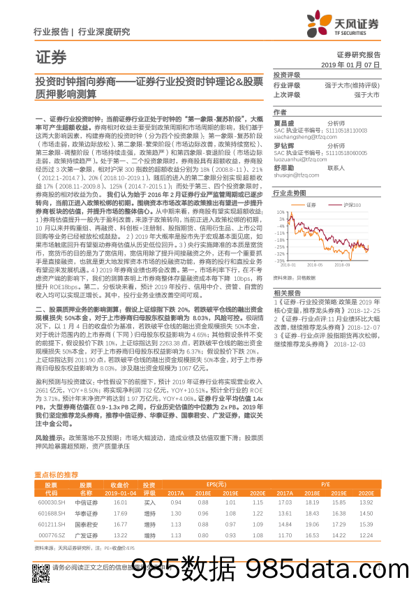 证券行业深度研究：投资时钟指向券商——证券行业投资时钟理论&股票质押影响测算_天风证券