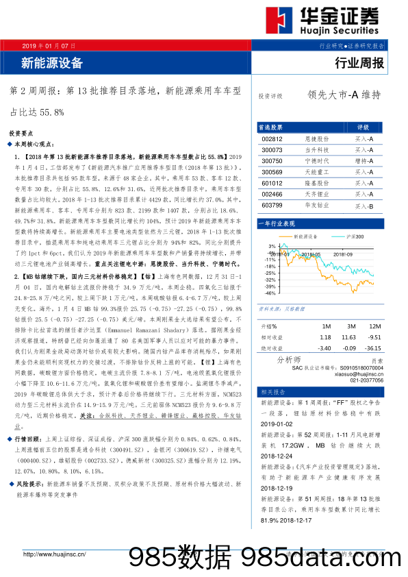 新能源设备第2周周报：第13批推荐目录落地，新能源乘用车车占比达55.8%_华金证券